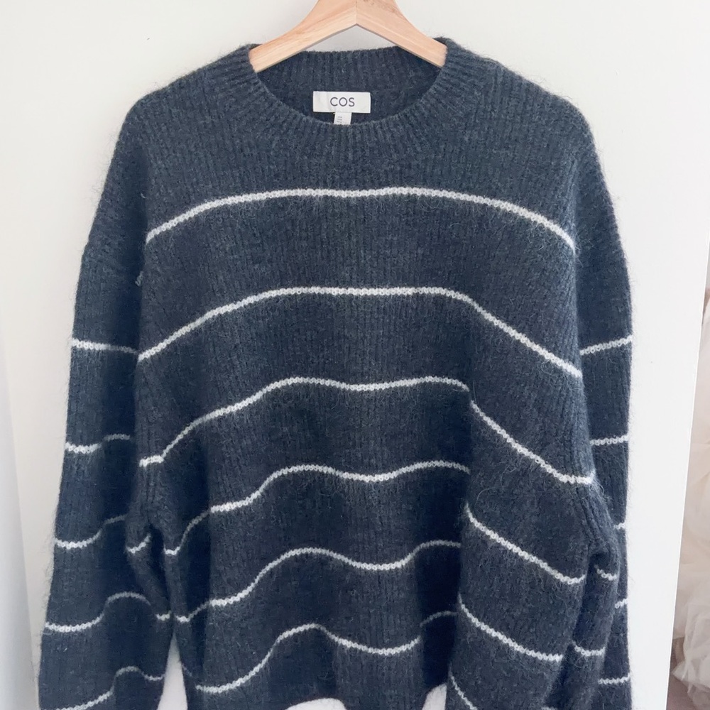 COS Women's Charcoal and White Striped Crewneck Sweater